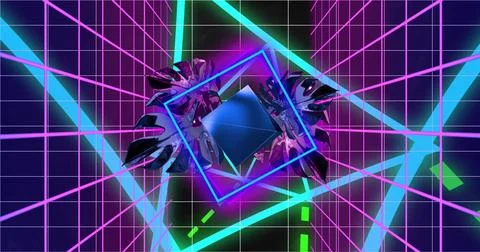 Vertical video: Playback starting blue frame rotating in neon grid revealing Stock Photos