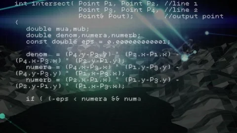 Vertical video: Playback starting C++ code scrolling over tech terrain revealing Stock Footage 332296635