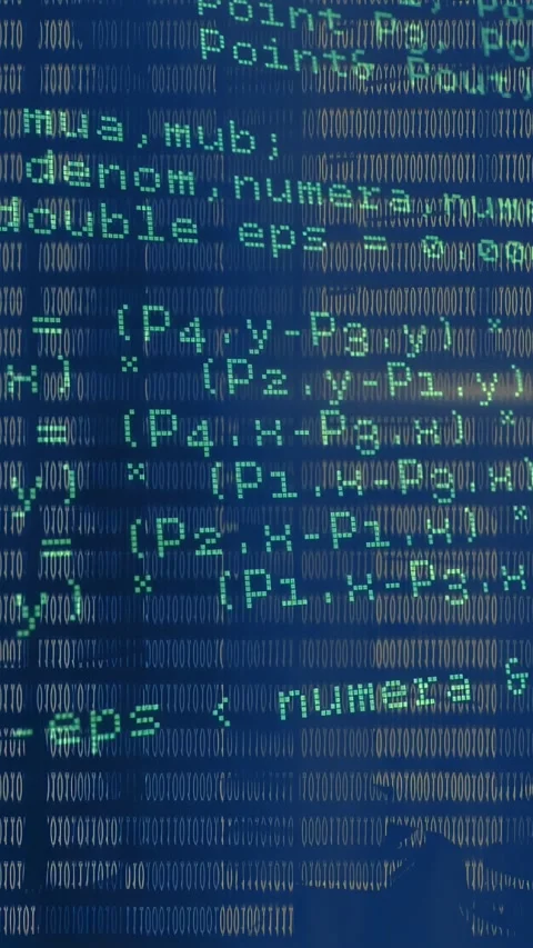 Vertical video: Playback starting, cyan code and binary digits scrolling to Stockbeeldmateriaal 329961614