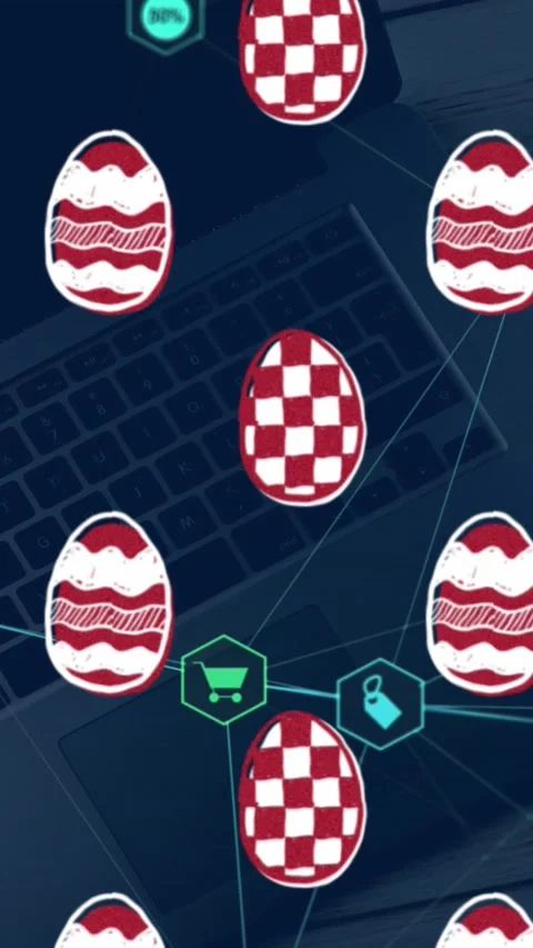 Vertical video: Playback starting, egg icons drifting over laptop, exposing shop 스톡 동영상 343887879