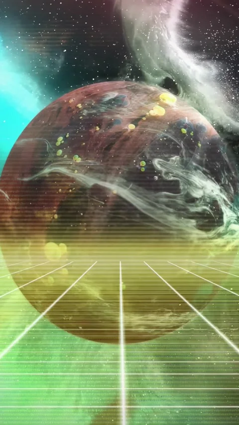 Vertical video: Playback starting, planet rising above neon grid, nebula growing Stock Footage 332506783