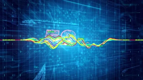 Vertical video: Playback starting, vivid waveform rising and unveiling 5G logo Stock Footage 331270029