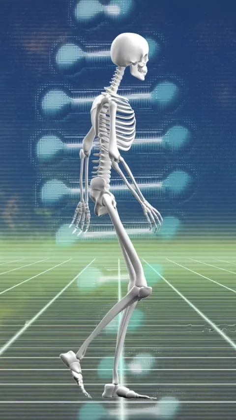Vertical video: Playback starting, white 3D skeleton walking on grid, showing Stock Footage 329912970