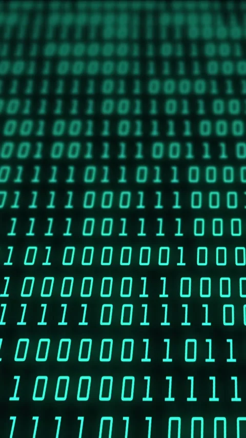Vertical video: On playback teal binary digits shifting focus, scrolling upward, Stock Footage 348376442