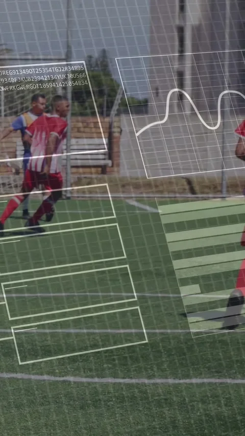 Vertical video: Player controlling ball by box, dribbling and passing, HUD Stock Footage 333037012