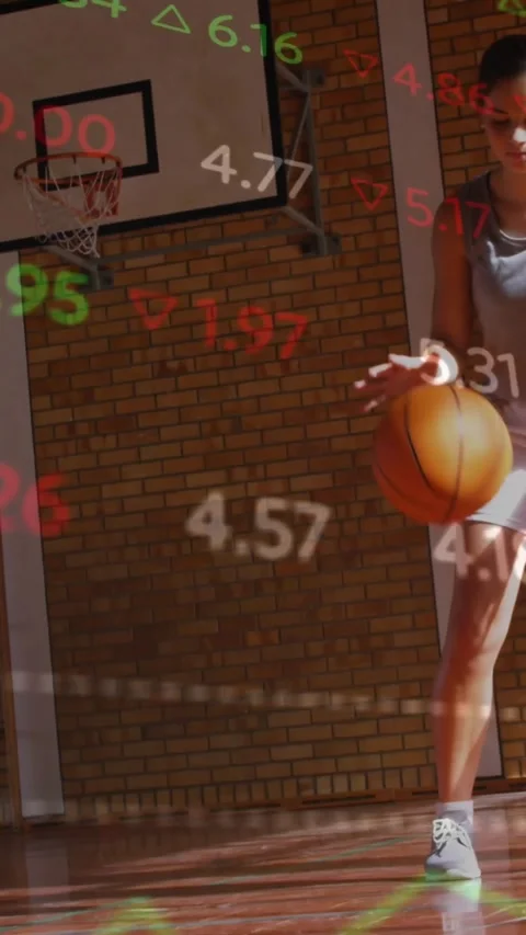 Vertical video: Player dribbling for control on court, camera pull, finance Stock Footage 330605047