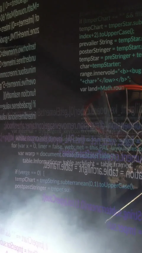 Vertical video: Player grabbing ball dunking rim, code over hoop and fog, camera Stock Footage 331790058