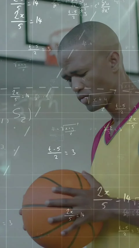 Vertical video: Player holding ball near hoop looking down causing math overlay Stock Footage 333496419