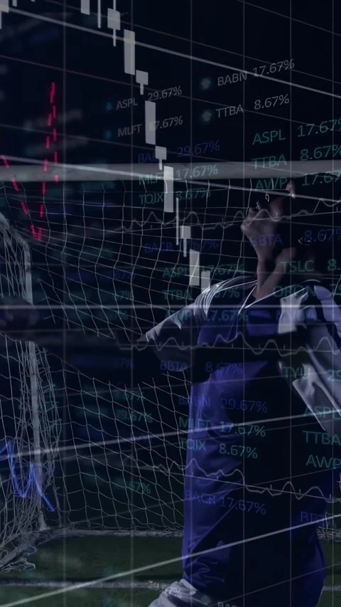 Vertical video: Player launching bicycle kick at goal as stock chart on net Stock Footage 330510047