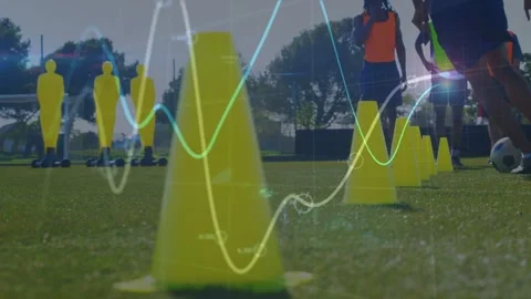 Vertical video: player starting dribbling ball through cones in drill, data Stock Footage 332686397