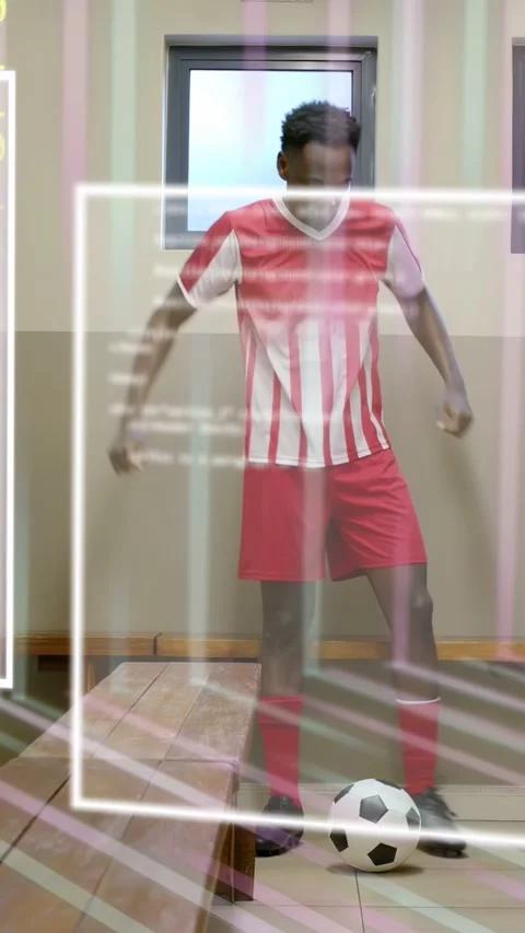 Vertical video: Player starting right foot by soccer ball, practicing drills, AR Stock Footage 333304161