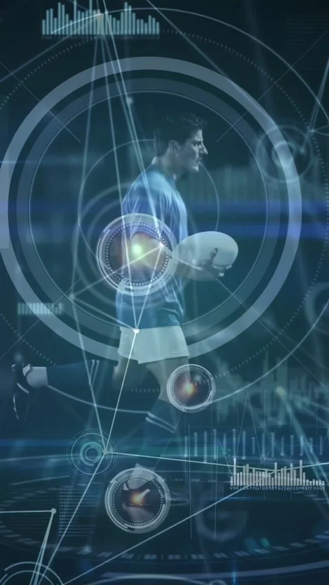 Vertical video: Player taking step into run while holding ball, HUD tracking Stock Footage 331166716
