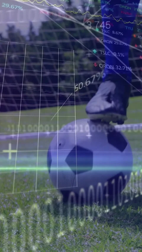Vertical video: Player using cleat on ball at goal rolling ball away while HUD Stock Footage 332598664