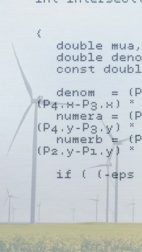 Vertical video: Playhead moving, code scrolling upward over wind farm scanline Stock Footage 332507094