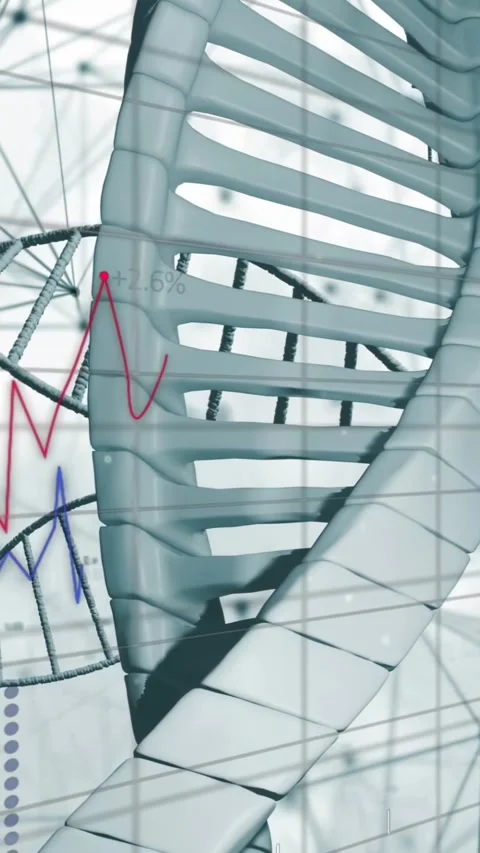 Vertical video: Playing DNA helix rotating in bio mesh ribbon sweeping showing Stock Footage 330858504