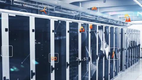 Vertical video: Plug icon appearing server racks showing HUD icons and metrics Stock Footage 332772241
