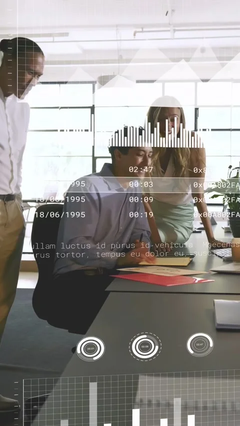 Vertical video: PM raising hand team cheering marking win as animated biz charts Stock Footage 334917193