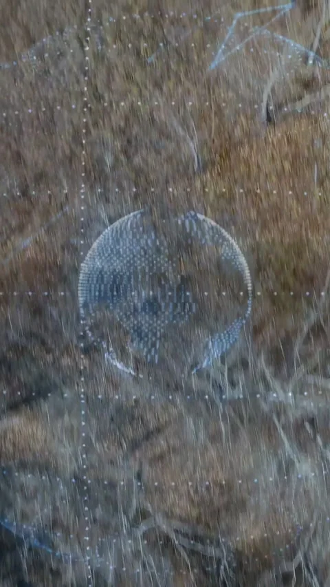 Vertical video: Point-cloud appearing over dry field rotating while strands Stock Footage 333303723