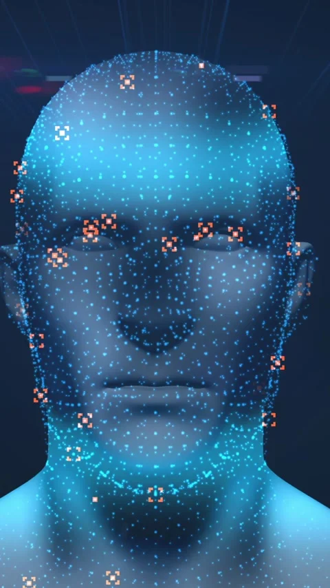 Vertical video: Point cloud coalescing into head, orange markers pulsing, Stock Footage 348566856
