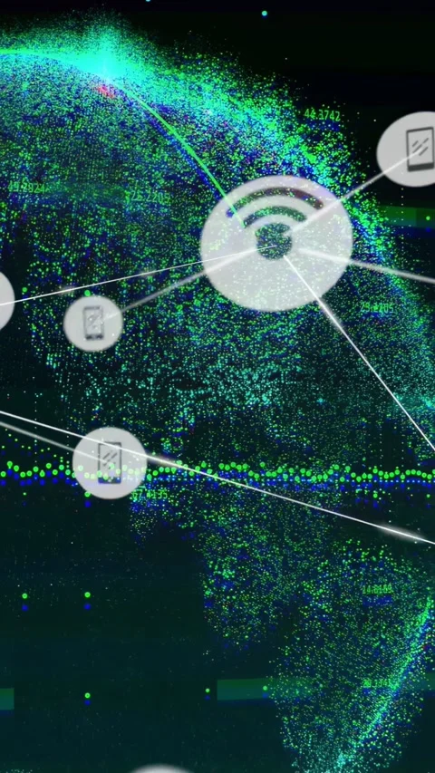 Vertical video: Point-cloud globe sweeping, spawning phone icons and forming Stock Footage 332595113