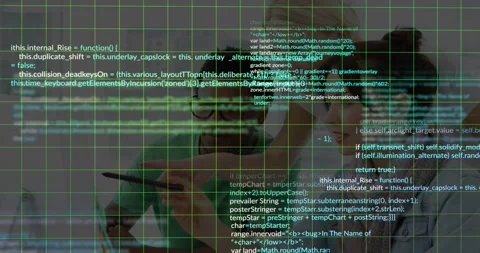 Vertical video: Pointing, man in green shirt and team reviewing code at monitor Video stock 331270044