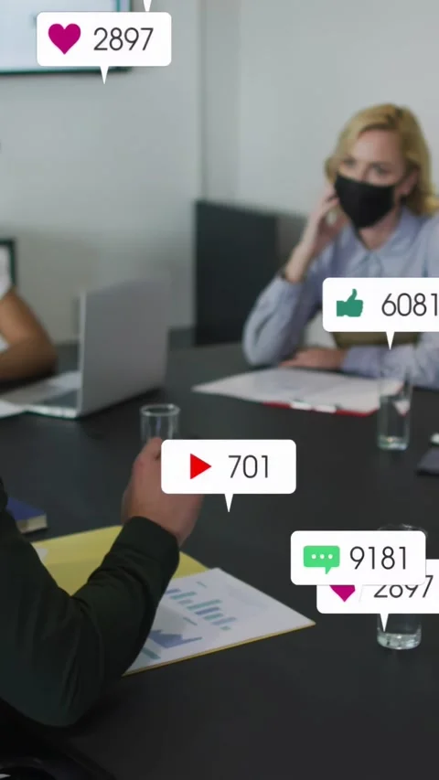 Vertical video: Pointing presenter masked gesturing over charts, icons rising Stock Footage 334598660