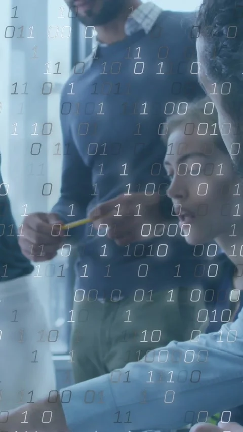 Vertical video: Pointing seated man checking data at table with pencil, in Stock Footage 334598969