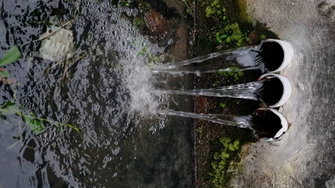Vertical video, Polluted sewer and wastewater in to drainage. Stock Footage 159644518