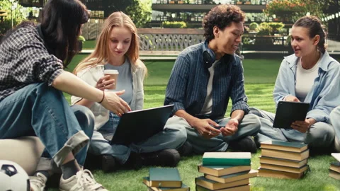 Vertical Video Portrait of diverse peers sitting on campus lawn for group study Stock Footage 340802525