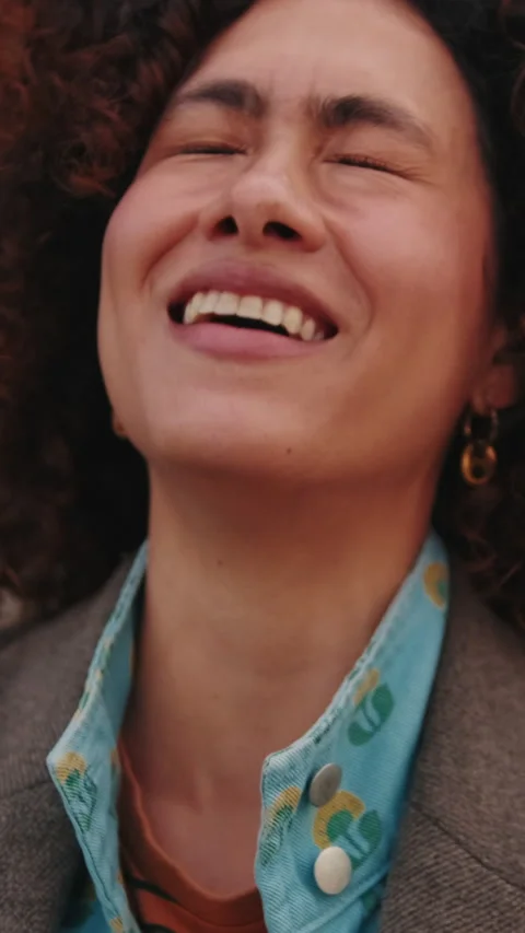 Vertical video, Portrait of Happy Young Woman in City Cafe Stock Footage 295564489