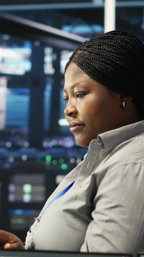 Vertical video Portrait of joyous server hub technician using AI visualization Stock Footage 308752466