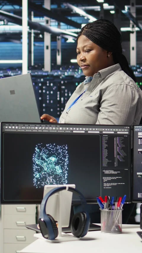 Vertical video Portrait of joyous server hub technician using AI visualization Stock Footage 308752525
