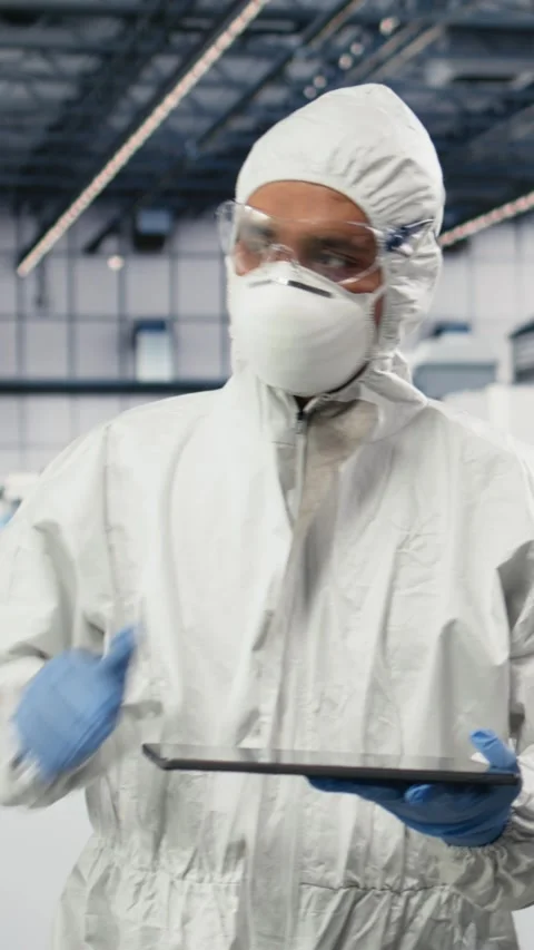 Vertical video Portrait of microchip factory expert testing silicon wafer Stock Footage 333614821