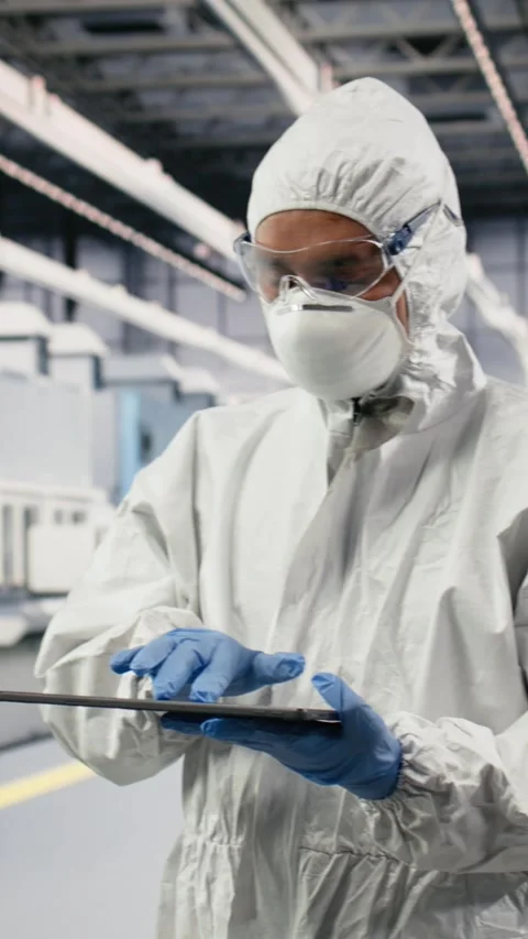 Vertical video Portrait of microchip factory expert testing silicon wafer Stock Footage 333615185