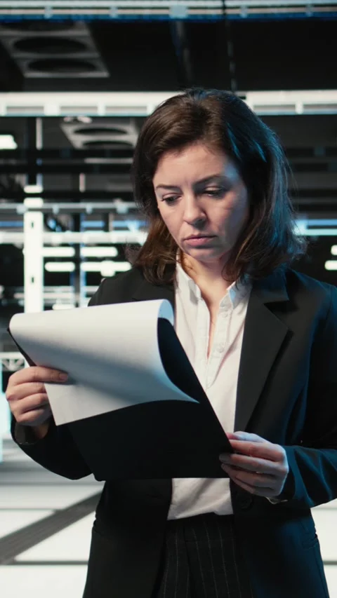 Vertical video Portrait of smiling data center engineer optimizing equipment Stock Footage 329316344