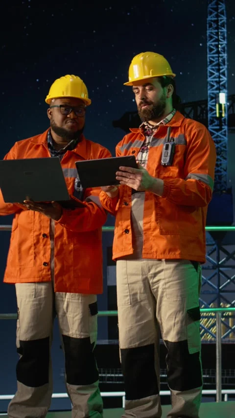 Vertical video Portrait of smiling drilling barge crew members managing petrol Stock Footage 339886935