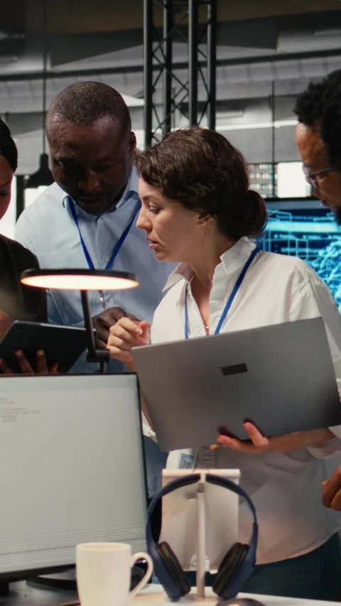 Vertical video Portrait of smiling engineering team in office doing software Stock Footage 323235149