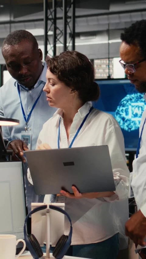Vertical video Portrait of smiling engineering team in office automating Stock Footage 323403418