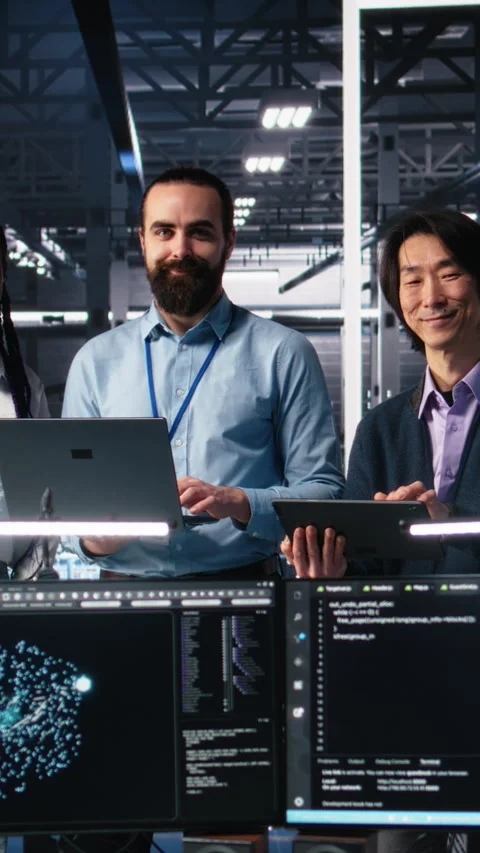 Vertical video Portrait of smiling engineers in data center code with generative Stock Footage 313506421