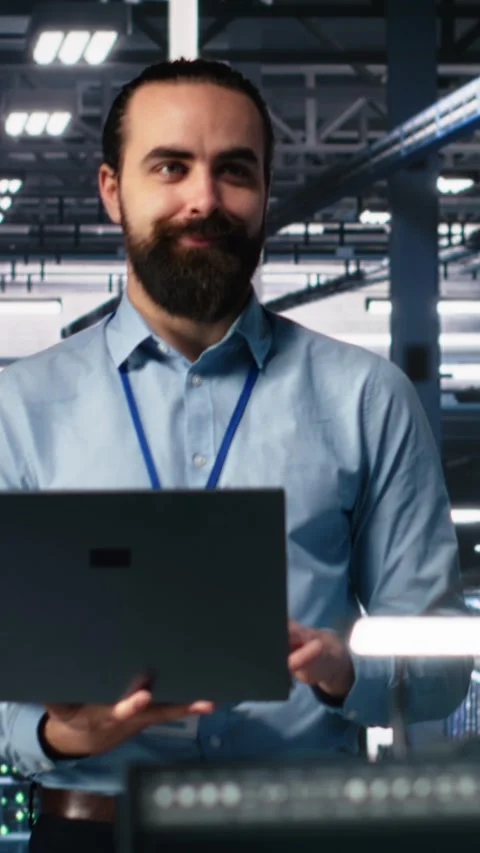 Vertical video Portrait of smiling engineers in data center code with generative Stock Footage 313506465