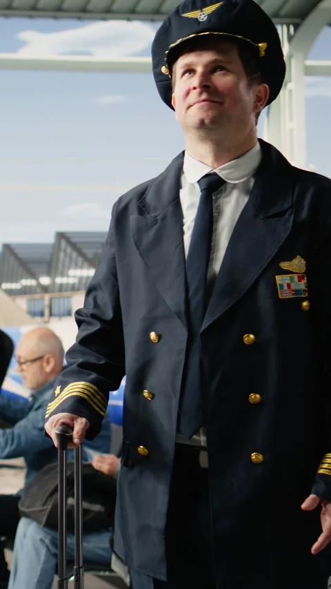 Vertical Video Portrait of smiling pilot captain with hat standing in airport Stock Footage 344372759