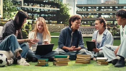Vertical Video Portrait of students in group study session talking on campus Stock Footage 340792521