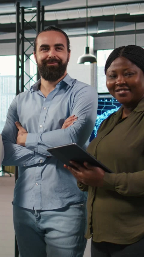 Vertical video Portrait of teamworking engineers writing code, developing Stock Footage 312767959