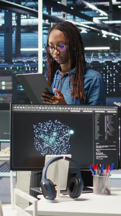 Vertical video Portrait of upbeat server hub software developer using node tree Stock Footage 307969094