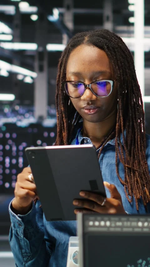 Vertical video Portrait of upbeat server hub software developer using node tree Stock Footage 308752716