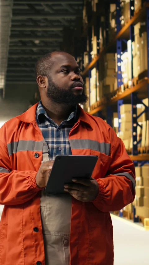 Vertical Video Portrait of warehouse worker overseeing pallets details on tablet Stock Footage 333089829