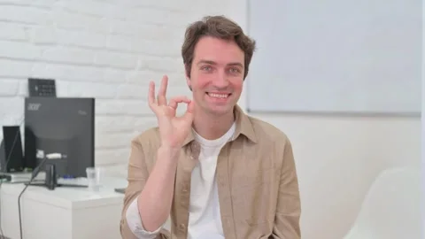 Vertical Video, Portrait, Young Creative Man with Okay Sign Stock Footage 312914506