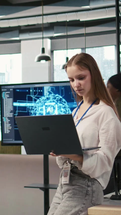 Vertical video Portrait of young smiling female programmer in office automating Stock Footage 312708102