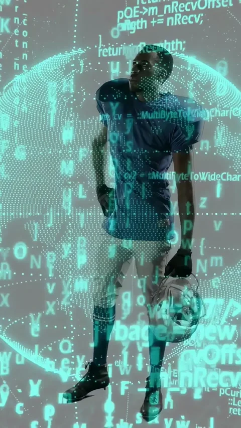 Vertical video: Posing player in blue pads holding helmet in studio, reacting to Stock Footage 330655584