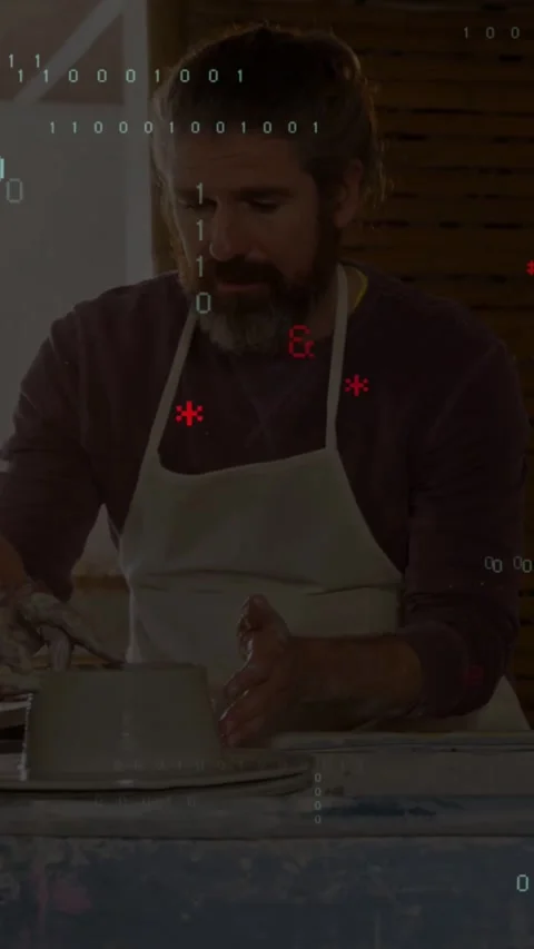 Vertical video: Potter teaching, starting wheel, forming bowl, senior handing Stock Footage 334187197